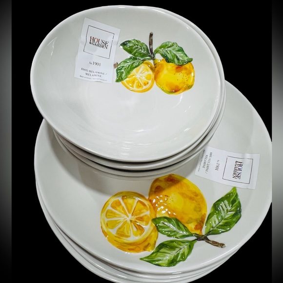 New Set of 12 House & Garden LEMON Heavy MELAMINE 6 Dinner Plates 11" 6 Bowls - Picture 1 of 1